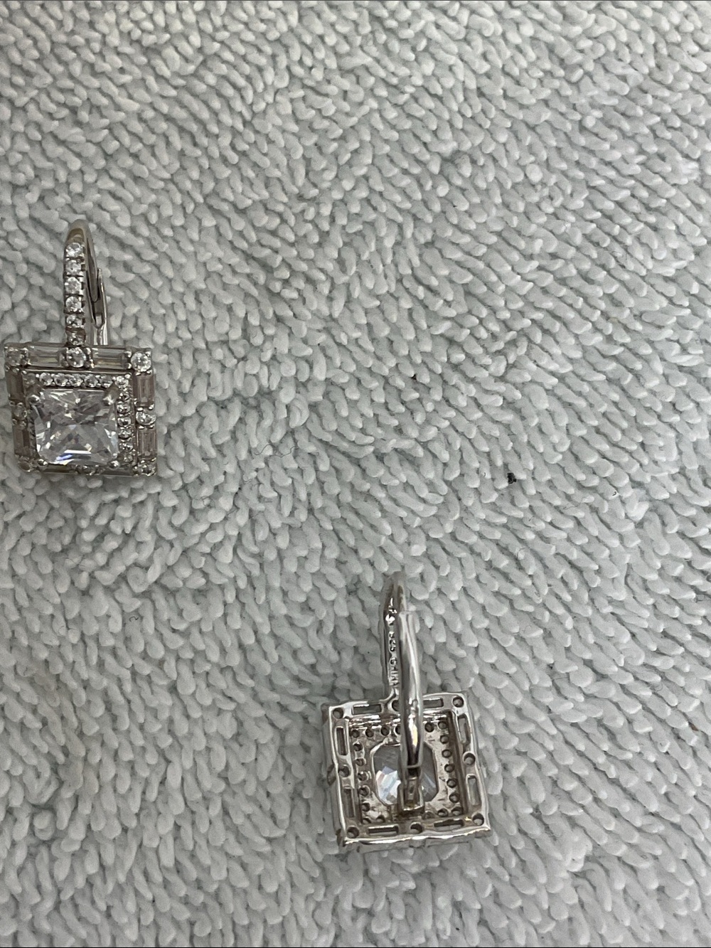 Sterling Silver 925 CZ Princess Cut Double Halo Baguette Leverback Earrings - Picture 4 of 7